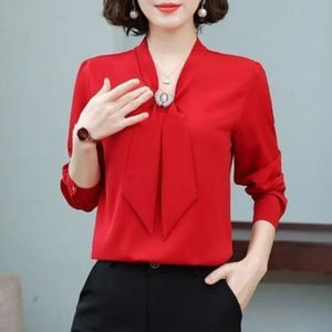 Red Tie Neck Blouse with Rhinestone Brooch NWT